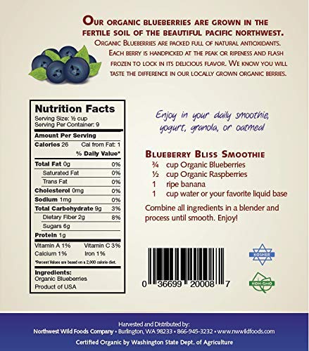 Fresh Frozen Organic Blueberries by Northwest Wild Foods - Healthy Antioxidant Fruit Diet - for Smoothies, Pies, Jams, Syrups (9 Pounds)