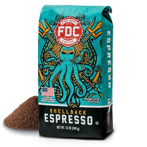 Fire Department Coffee - Gives Back to Firefighters - Bold & Smooth Shellback Espresso Ground Coffee - Roasted in the USA - Veteran Owned - 12 oz