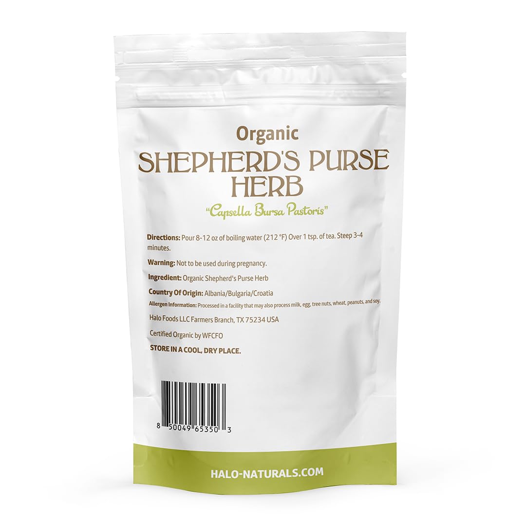 Halo Naturals Organic Shepherd's Purse Herb Cut & Sifted, 4 Ounces (Capsella bursa pastoris) USDA Certified | Resealable Pouch| Packaged in The USA
