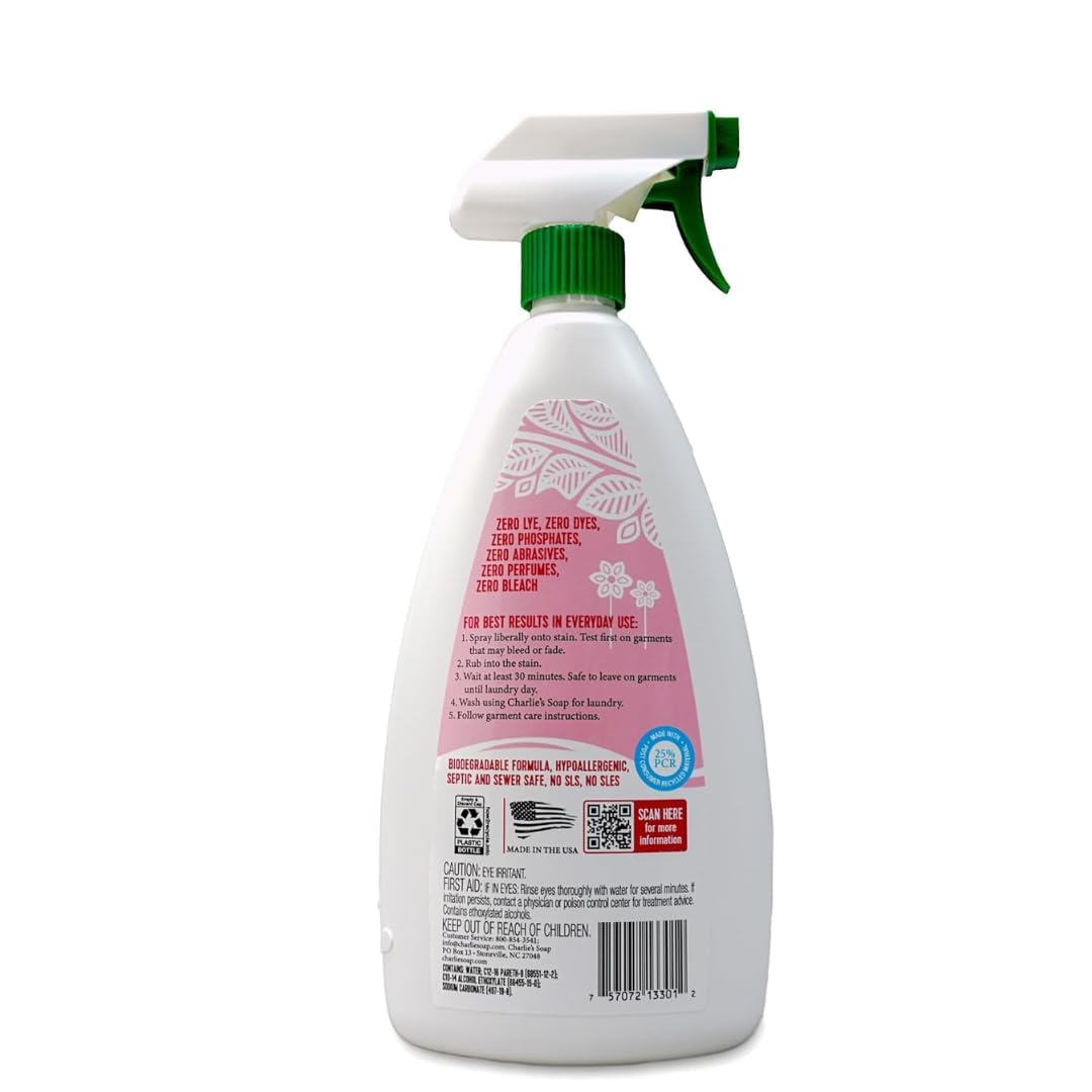 Charlie’s Soap Laundry Pre-Spray with Spray Top 32 Fl. Oz Bottle, Pack of 2, Natural Laundry Pretreat and Stain Remover - Powerful and Eco-Friendly