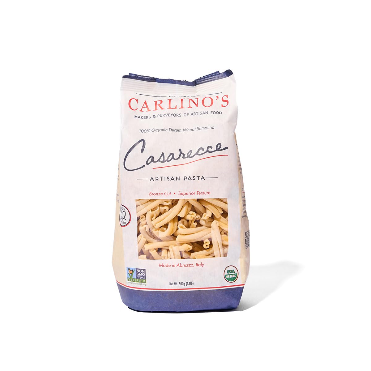 Carlino's Dried Casarecce| Organic Durum Wheat Semolina | Bronze Die Cut | Air Dried | Non-GMO, USDA Organic, Made in Italy, 17.6 Oz (Pack of 4)