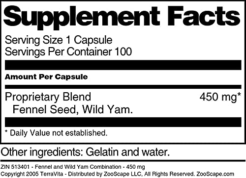 Fennel and Wild Yam Combination - 450 mg (100 Capsules, ZIN: 513401) - 3 Pack