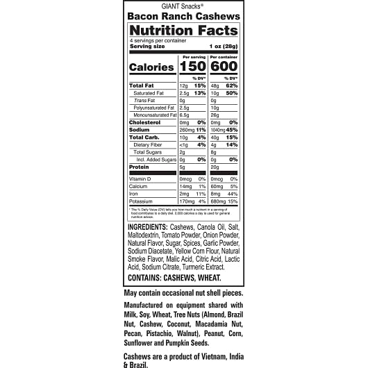Giants Bacon Ranch Flavor Cashews, 4 Ounce -- 8 per case.