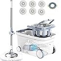 Michao Spin Mop Bucket Deluxe 360 Spinning Floor Cleaning System with 6 Microfiber Replacement Head Refills,62" Extended Handle,4X Wheel for Home
