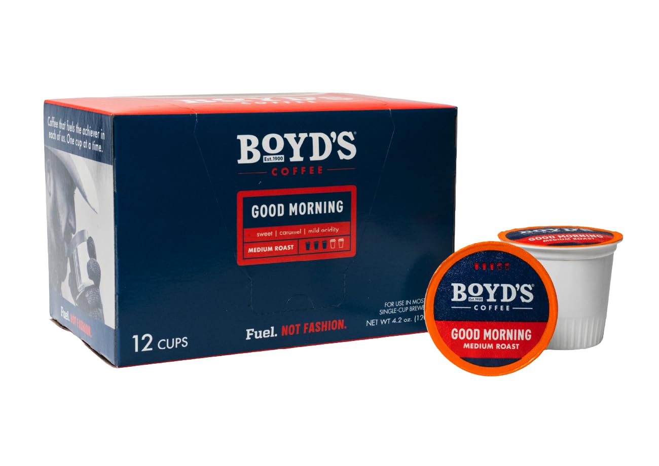 Boyds Good Morning Single Serve Coffee Pods, Medium Roast, 12 Count, Smooth Balanced Morning Coffee with Toasted Almond Aroma, Chocolate Notes, Mild