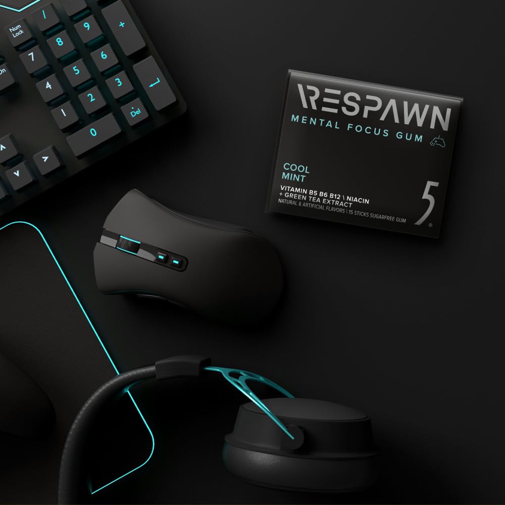 RESPAWN by 5 GUM Mental Focus Gum, Cool Mint Sugar Free Chewing Gum, 15 Sticks