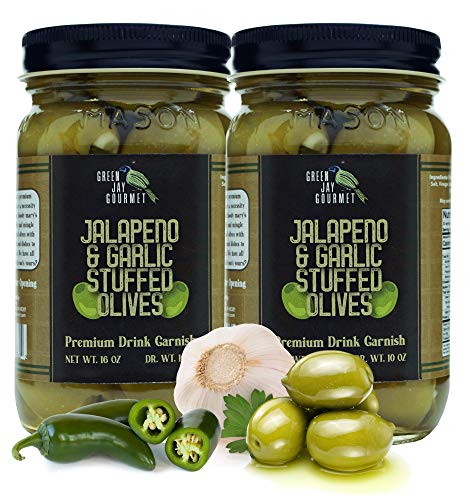 Green Jay Gourmet Double Stuffed Olives - Jalapeno & Garlic Stuffed Green Olives for Cocktail Garnish & Cheese Board - Dirty Martini Olives - Gourmet