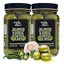 Green Jay Gourmet Double Stuffed Olives - Jalapeno & Garlic Stuffed Green Olives for Cocktail Garnish & Cheese Board - Dirty Martini Olives - Gourmet