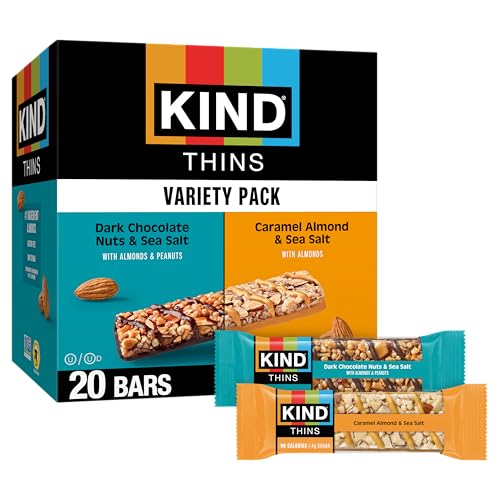 KIND Thins Snack Bars Variety Pack, Gluten Free, Low Calorie, Healthy Snacks, Dark Chocolate Nuts & Sea Salt, Caramel Almond & Sea Salt, 4g Sugar, 20