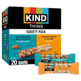 KIND Thins Snack Bars Variety Pack, Gluten Free, Low Calorie, Healthy Snacks, Dark Chocolate Nuts & Sea Salt, Caramel Almond & Sea Salt, 4g Sugar, 20