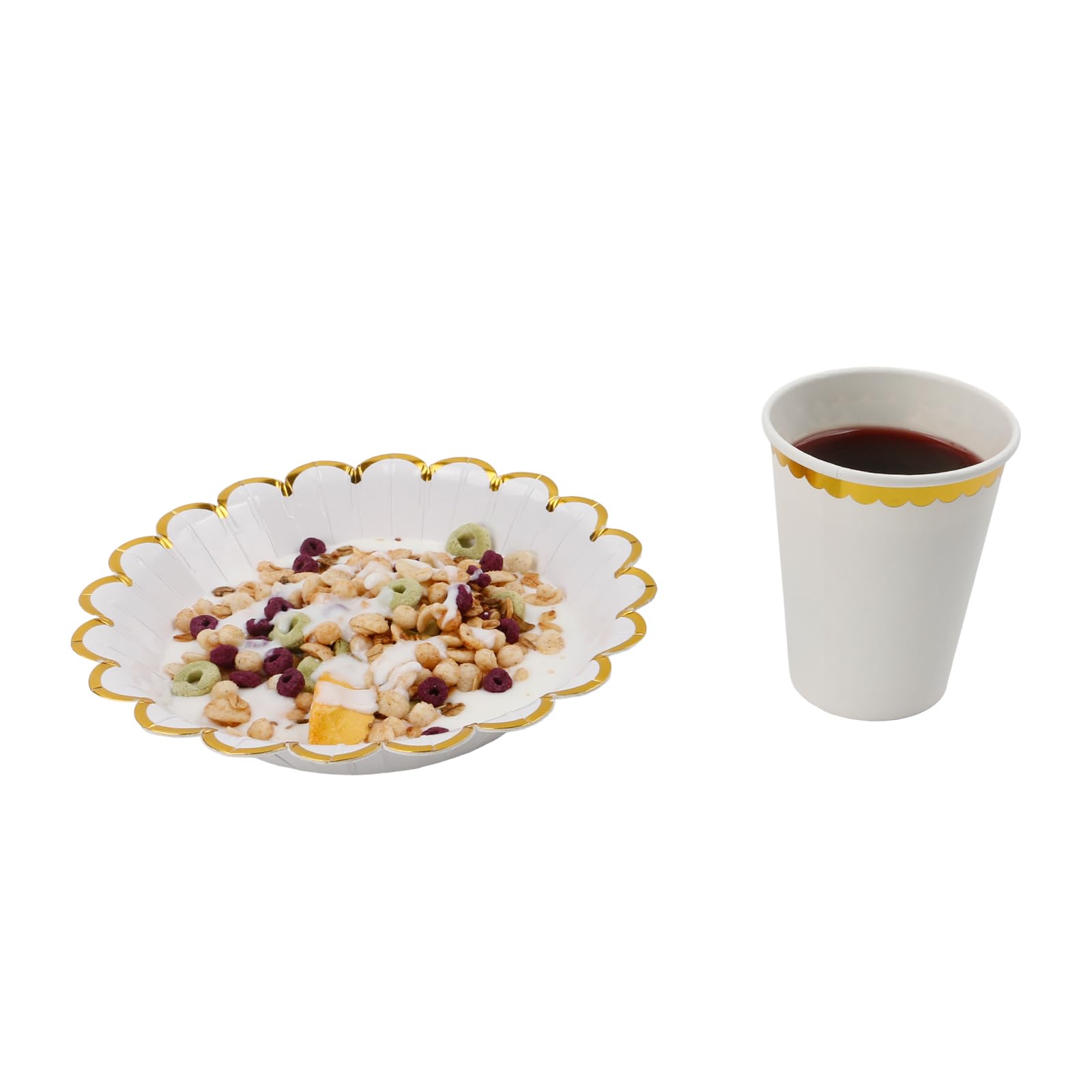Geeklife Gold White Disposable Paper Bowls with Foil Scalloped Border,20oz Party Serving Bowls for Daily Meal Soup Morning Cereal For Wedding,Birthday