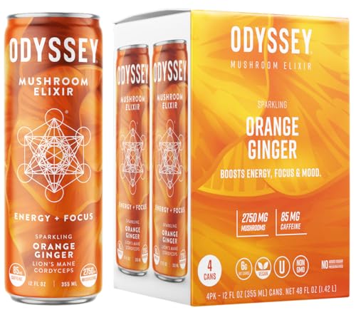 Odyssey Elixir Sparkling Adaptogen Drink, Low Calorie Drinks with L Theanine, Lions Mane, Cordyceps and Green Tea Caffeine for Energy and Focus