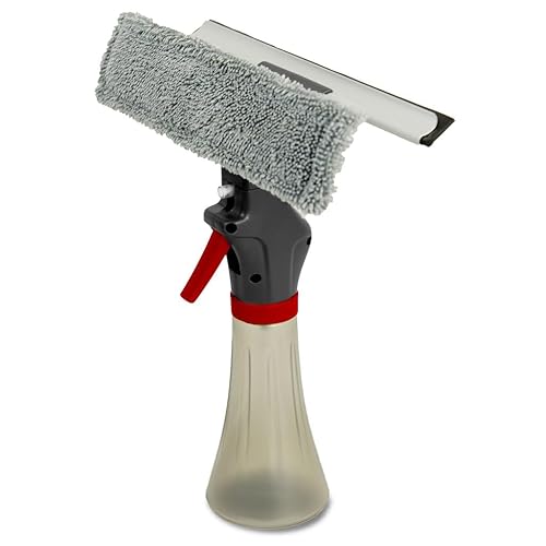 Libman 3-in-1 Window Squeegee Spray Tool - Spray Bottle with Microfiber Scrubber and Rubber Blade - All-in-One Glass Cleaner - Streak-Free Shine