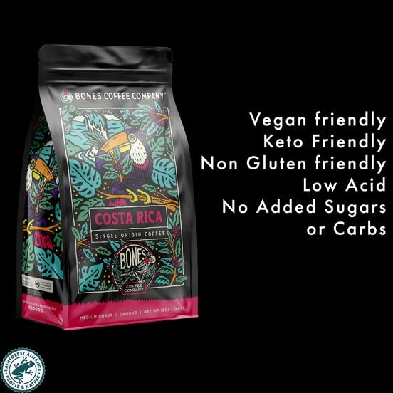 Bones Coffee Company Costa Rica Single-Origin, Cocoa, Nutty and Milk Chocolate Notes, Ground Coffee Beans, Low Acid Medium Roast Arabica Beans