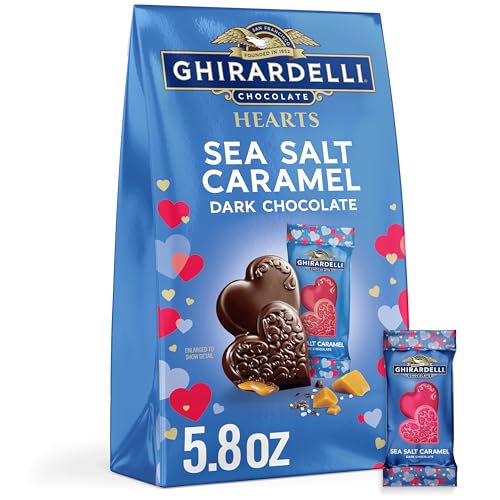 GHIRARDELLI Dark Chocolate Sea Salt Caramel Hearts, 5.8 oz Bag - Valentine’s Candy with Rich Caramel Filling
