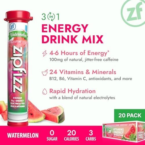 Zipfizz Daily Energy Drink Powder, Watermelon, 20 Pack | 3-in-1 Sustained Energy, Rapid Hydration, and Essential Vitamins | Sugar-Free | Electrolyte