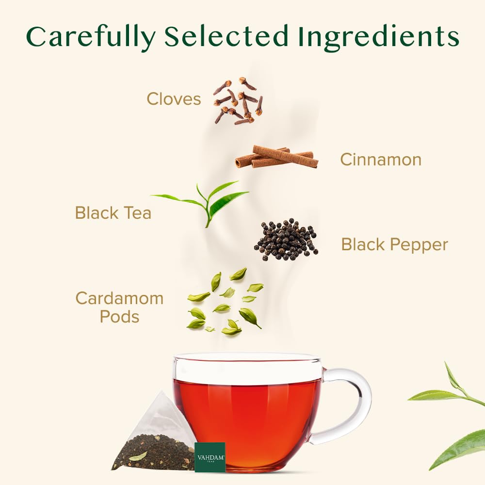 VAHDAM, India's Original Masala Chai Tea Bags (100 Count) No Added Flavoring | Blended w/Exotic Spices | Whole Leaf Tea Bags | Resealable Ziplock