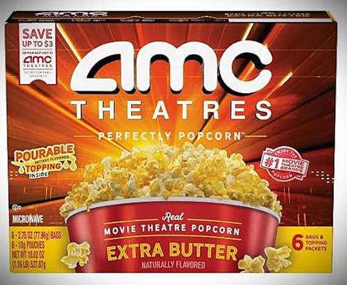 AMC Theatres Extra Butter Microwave Popcorn | 6 Bags and Butter Topping Packets