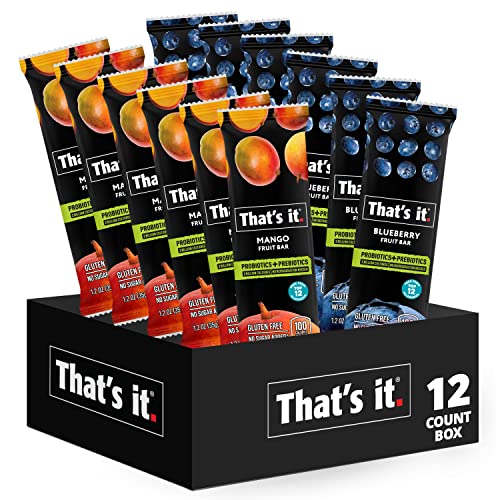 That's it. Probiotic Fruit Bar Variety Pack, Mango & Blueberry Flavors, Just Real Fruit + Probiotics, 100 Calories Per Bar, All Natural, 2-3
