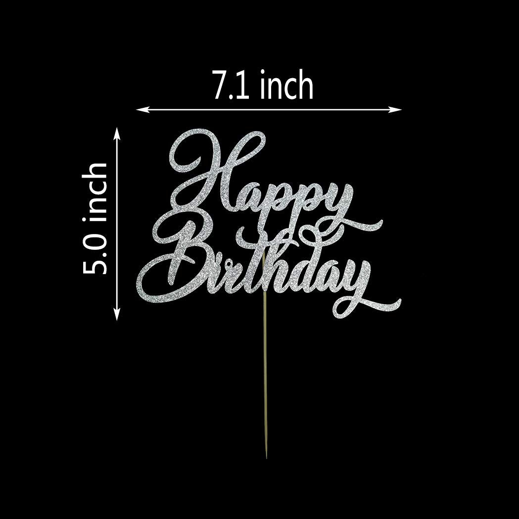 AMINJIE Happy Birthday Cake Topper - Birthday Party Decorations, Double Sided Silver Glitter