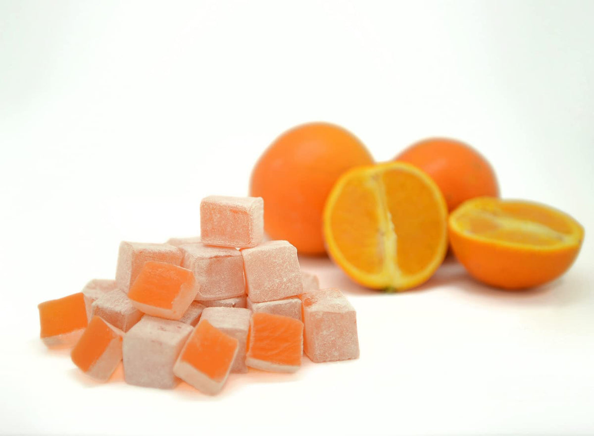Mughe Gourmet Turkish Delight Candy Elegant Gift Box - 7oz/200g - Halal, Vegan Lokum Fruit Flavors Rose, Strawberry, Lemon, Orange, Mint - Gifts