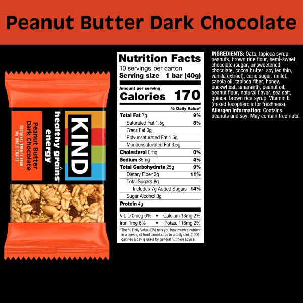 KIND Healthy Grains Energy Bars, Peanut Butter Dark Chocolate, Gluten Free, Healthy Snacks, 18g Whole Grains, 10 Count