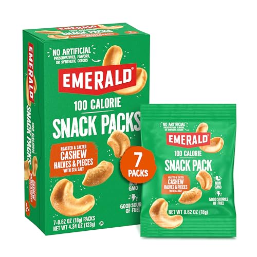 Emerald Nuts Roasted and Salted Cashews 7ct (1-Pack), 100-Calorie Individual Packs, Plant-Based Protein, Kosher Certified, Non-GMO, Contains No
