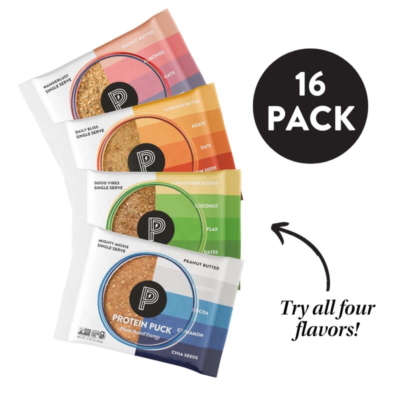Protein Puck Plant Based Bars | Snacks with Vegan Protein | 16 Count | 2.25 oz Single Serve | Gluten Free, Non Dairy, Kosher Certified Non GMO Premium