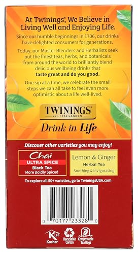 Twinings Chai Black Tea Individually Wrapped Bags, Sweet, Savoury Spices, Caffeinated, Enjoy Hot or Iced - 50 Count