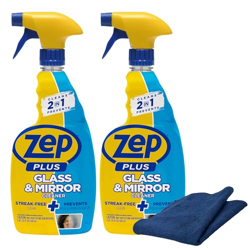 Zep Plus Glass & Mirror Foaming Cleaner 32 oz (2 Units) and a Blue Microfiber Rag ECBD025-2-Pack Ammonia-Free Anti-Fog Streak-Free Mirror and Glass