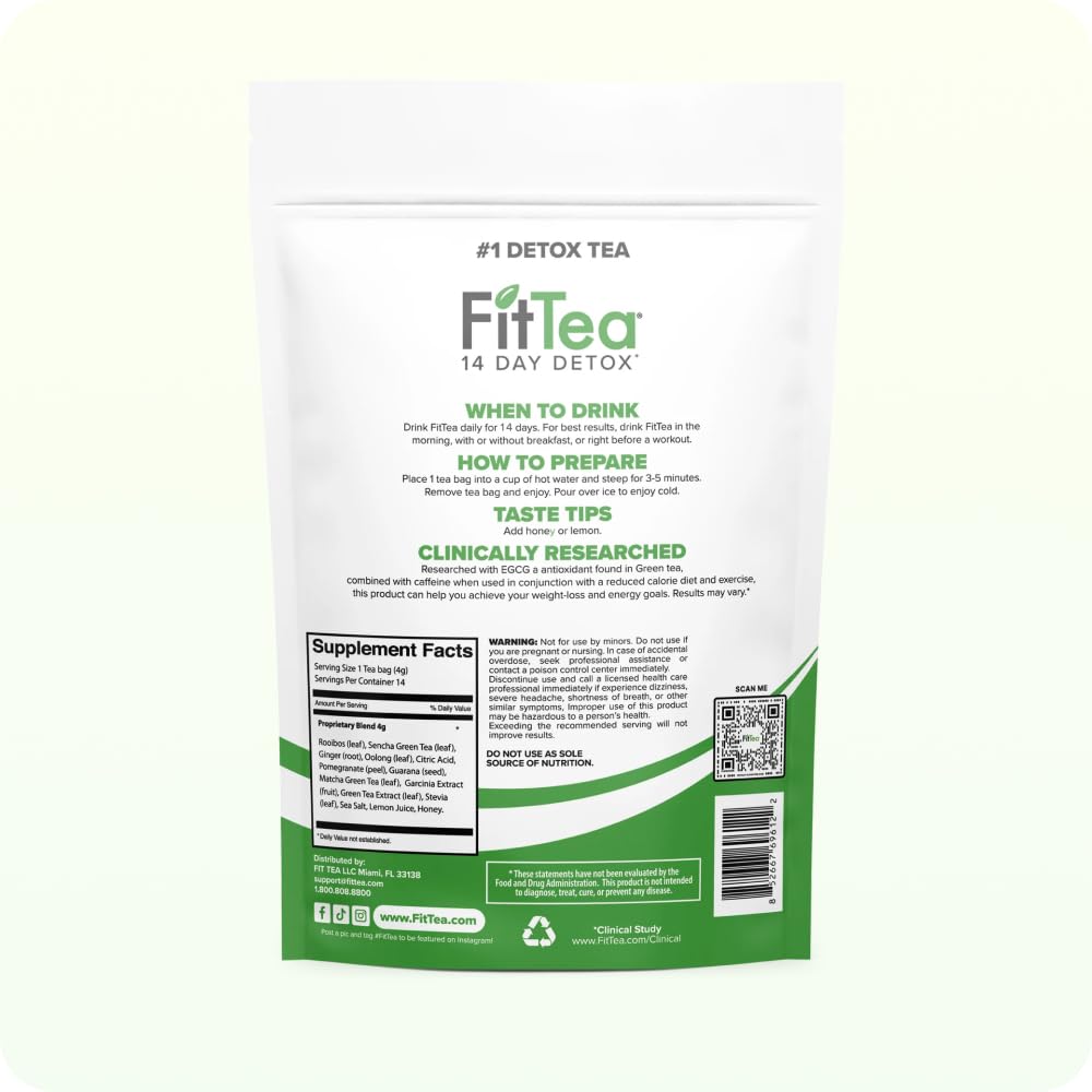 FitTea The Original 14 Day Detox Tea with Organic Green Tea ECGC, Garcinia Cambogia and Ginger - Colon Detox Cleanse to Help Bloating and Support