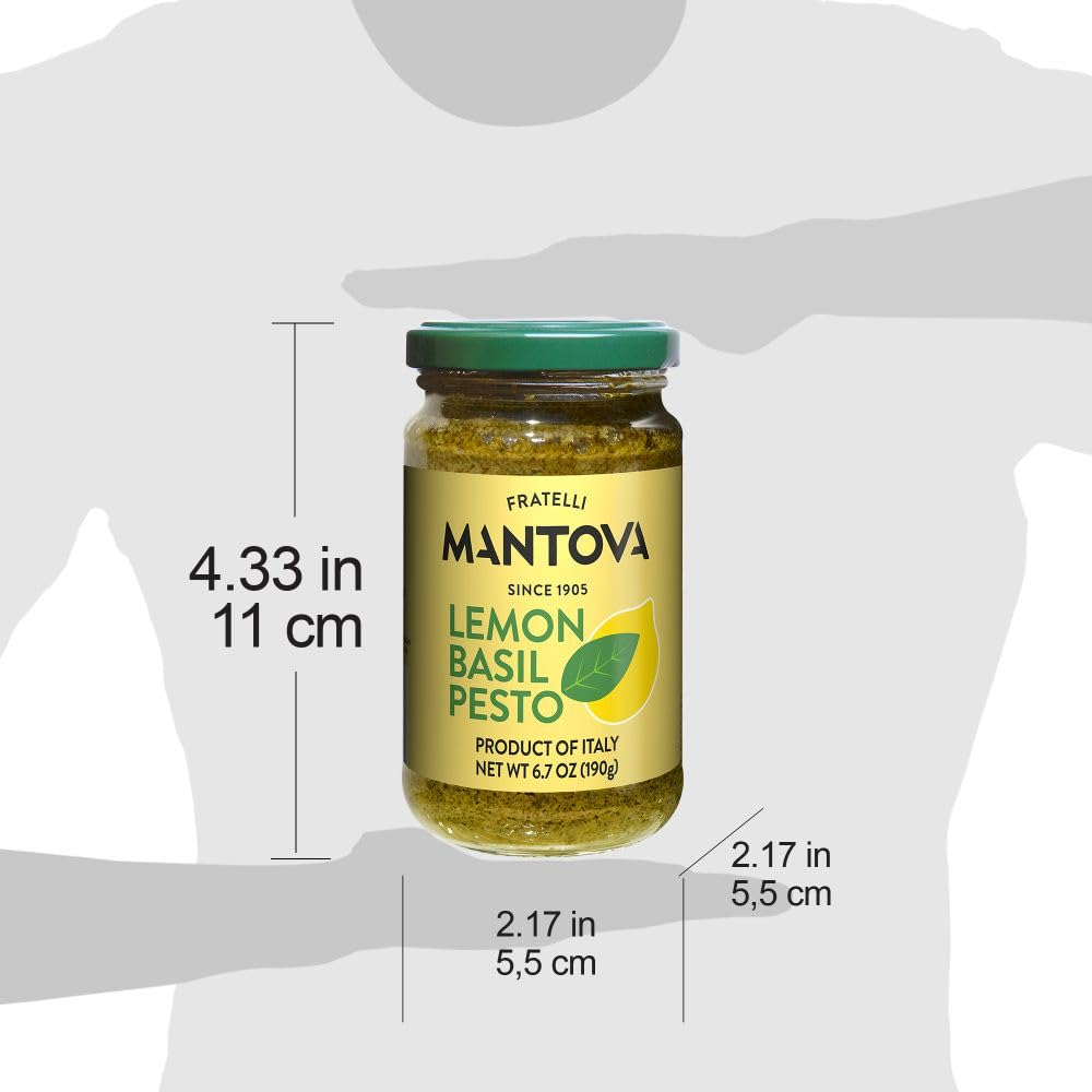 Mantova Lemon Basil Pesto, 6.7 oz (Pack of 1), combines fresh basil pesto with lemon ziest for extra flavor Ideal for heart-healthy recipes, this