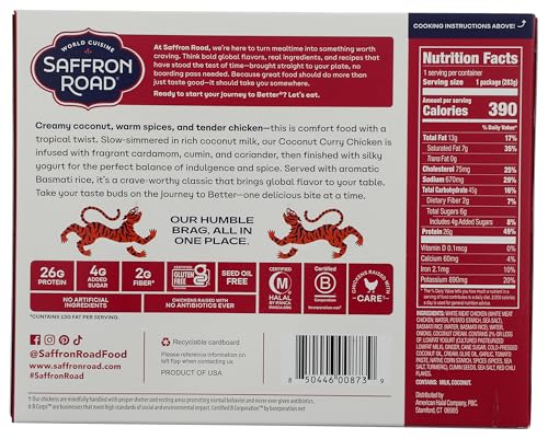 Saffron Road Frozen Coconut Curry Chicken - High Protein, Seed Oil Free, Chickens Raised with No Antibiotics, No Artificial Ingredients, Gluten-Free