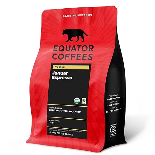 Equator Coffees, Jaguar Espresso, Organic Fine Ground Coffee, Dark Roast, Fresh Roasted, Hazelnut, Chocolate & Apricot Flavor Notes, Sustainable