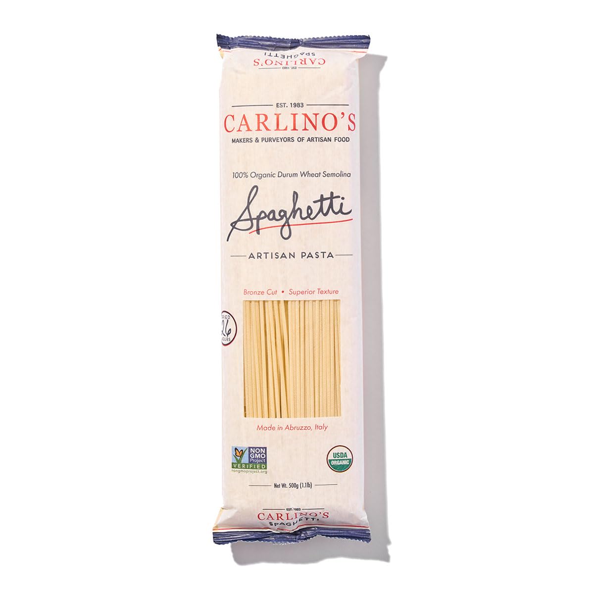 Carlino's Dried Spaghetti| Organic Durum Wheat Semolina | Bronze Die Cut | Air Dried | Non-GMO, USDA Organic, Made in Italy, 17.6 Oz (Pack of 4)