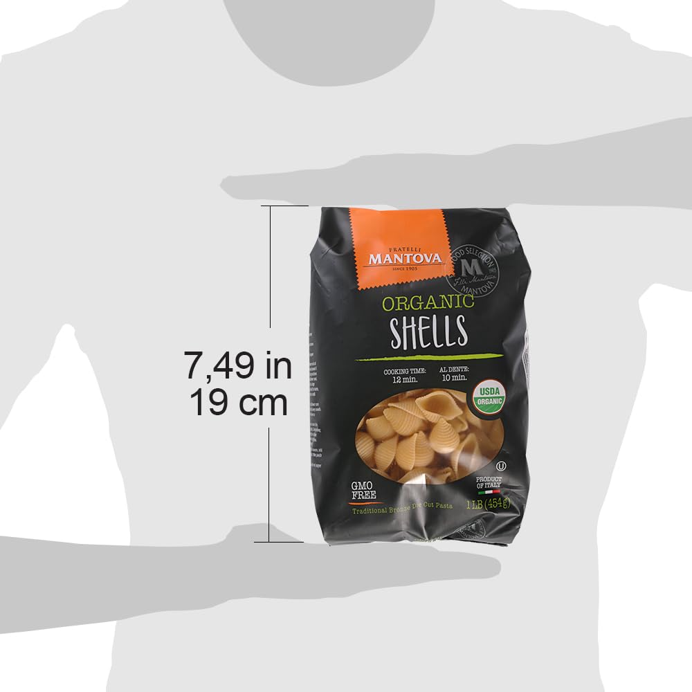 Mantova Italian Organic Pasta Shells - 100% Durum Semolina Organic Conchiglie - Product Of Italy, 1 Pound (Pack of 12)