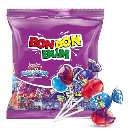 Bon Bon Bum - Fruity Lollipop with Bubble Gum center - Perfect for Parties and Sharing (10 Pieces, Berry Explosion)