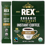 Rex Coffee Organic Fairtrade Natural Decaf Freeze-Dried Instant Sticks - Naturally Decaffeinated Arabica, 25 Single-Serve Packs - Lab Tested for Mold