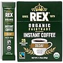 Rex Coffee Organic Fairtrade Natural Decaf Freeze-Dried Instant Sticks - Naturally Decaffeinated Arabica, 25 Single-Serve Packs - Lab Tested for Mold