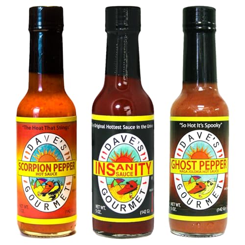 Dave’s Gourmet Super Spicy Hot Sauce Variety 3 Pack - Includes Insanity, Ghost Pepper Naga Jolokia & Scorpion Pepper - Hottest Hot Sauce - No