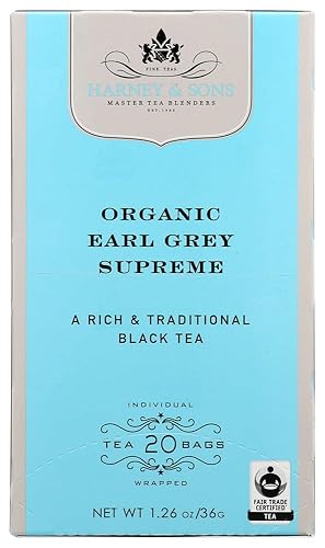 Harney & Sons Premium Tea, Organic Earl Grey Supreme Black Tea, Individually Wrapped Tea Bags, 20/box