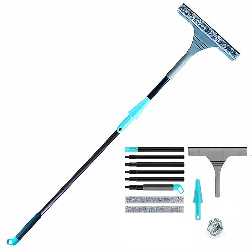 61" Window Squeegee with Long Extension Pole, 2-in-1 Streak-Free Glass Washer & Scrubber Kit with 2 Reusable Microfiber Pads & Clips, Professional