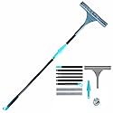 61" Window Squeegee with Long Extension Pole, 2-in-1 Streak-Free Glass Washer & Scrubber Kit with 2 Reusable Microfiber Pads & Clips, Professional