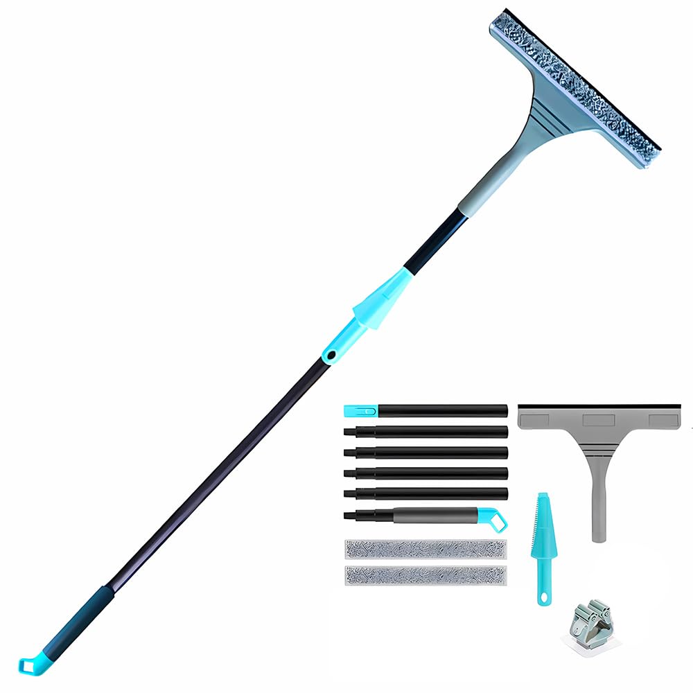 61" Window Squeegee with Long Extension Pole, 2-in-1 Streak-Free Glass Washer & Scrubber Kit with 2 Reusable Microfiber Pads & Clips, Professional