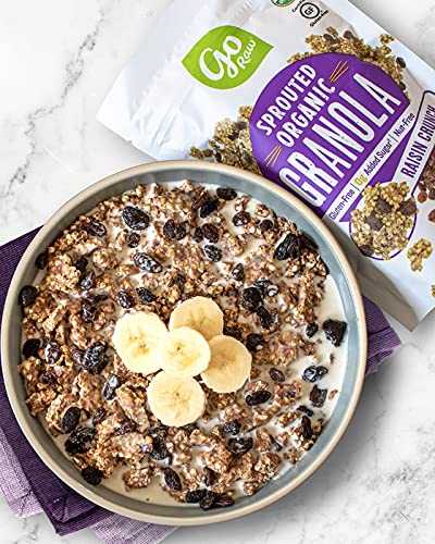 Go Raw Sprouted Organic Granola, Raisin Crunch, Vegan, Gluten Free, Nut Free, Healthy Breakfast Cereal with Superseeds, Non-GMO, 0g Added Sugar, 3g