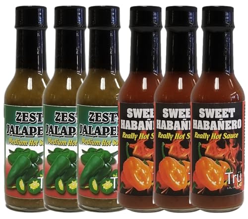 Tru Hot Sauce Combo Zesty Jalapeño (3 Packs) & Sweet Habañero (3 Packs) - All-Natural, Bold, Spicy & Sweet | Smoky Hot Sauces Perfect for Cooking