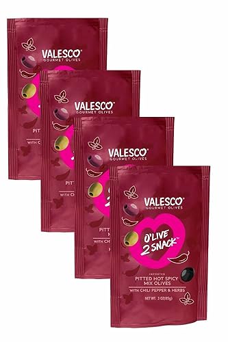 Valesco Gourmet Olives, O'Live 2 Snack, Pitted Hot Spicy Mix Olives with Chili Pepper & Herbs, 3 oz (Pack of 4)