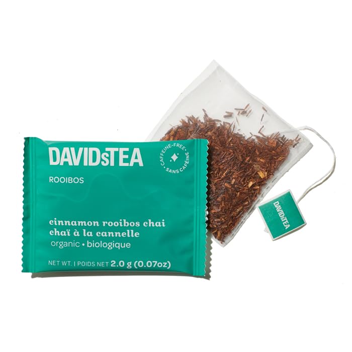 DAVIDsTEA Organic Cinnamon Rooibos Chai Tea Bags Caffeine-Free Herbal Tea with Rooibos, Apple & Cinnamon - 12 Count - Sweet, Spiced & Cozy Chai