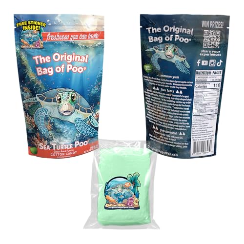The Original Bag of Poo®, Sea Turtle Poo (Green Apple Flavor Cotton Candy) Novelty Poop Gag Gift. Free sticker inside.