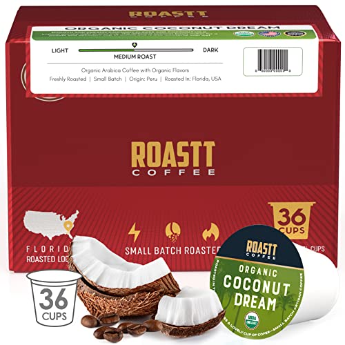 Organic Coconut Coffee Pods for Keurig K Cup Compatible Brewers, Organic Medium Roast Caffeinated Coconut Coffee Pods, Brew Hot or over Ice - Coconut